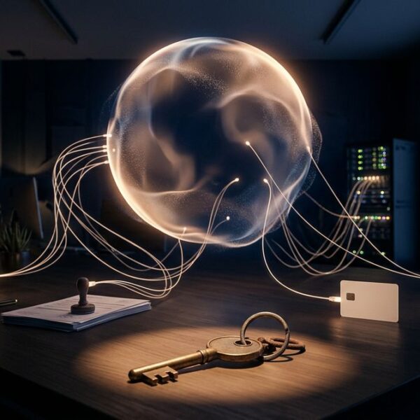 Glowing orb with fibre optic strands reaching an envelope, rubber stamp, card, data drive and key on a dark office desk