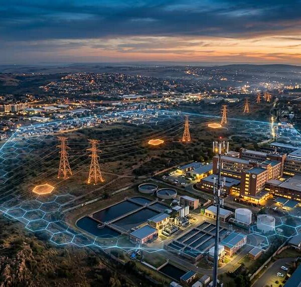 Aerial dusk view of a city with power pylons, water treatment tanks and a hexagonal digital shield glowing over the