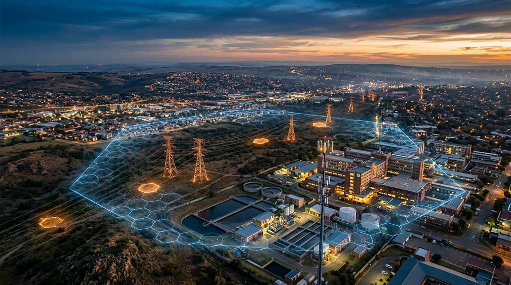 Aerial dusk view of a city with power pylons, water treatment tanks and a hexagonal digital shield glowing over the