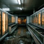 Dim supermarket aisle with glass door freezers, a wet floor and a control panel with a red digital display on the wall