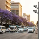 A smart traffic camera pole overlooking a city centre avenue lined with jacaranda trees, with minibus taxis and cars stopped at a red light