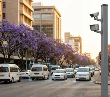 A smart traffic camera pole overlooking a city centre avenue lined with jacaranda trees, with minibus taxis and cars stopped at a red light