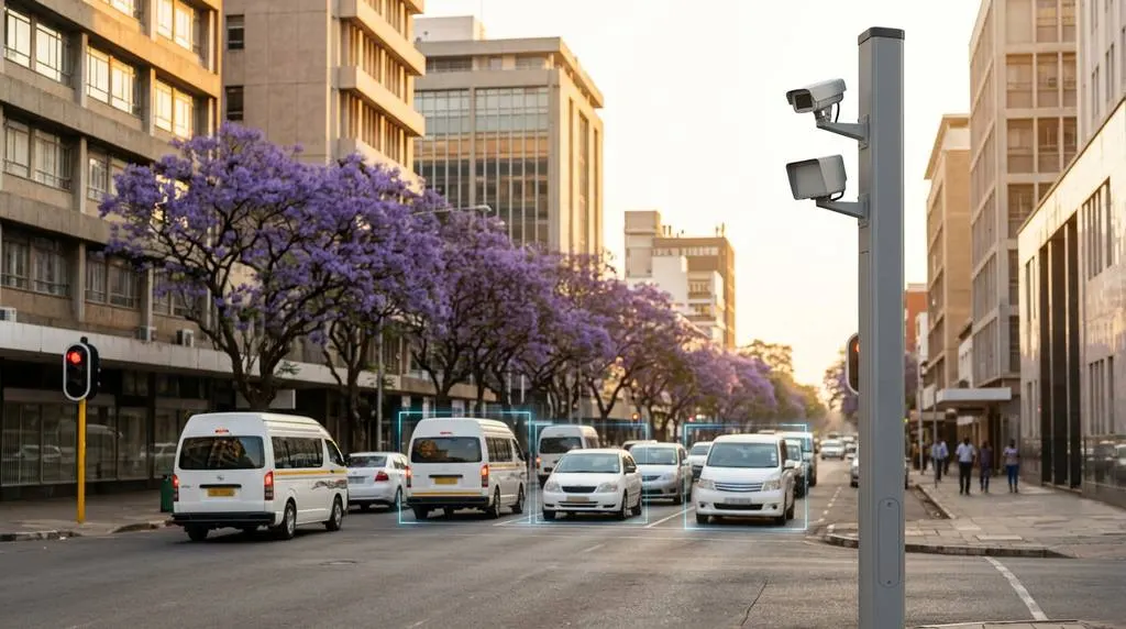 traffic-fines-hero A smart traffic camera pole overlooking a city centre avenue lined with jacaranda trees, with minibus taxis and cars stopped at a red light