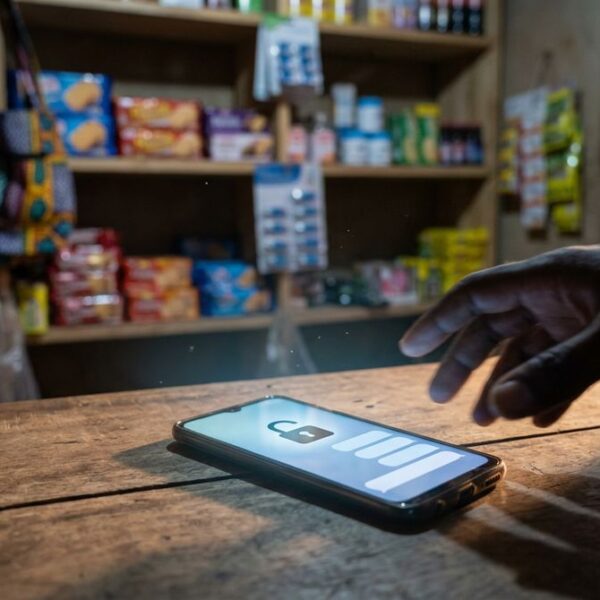 Hand reaching for a smartphone with a padlock on its screen, lying on a counter in a small shop with snacks on shelves