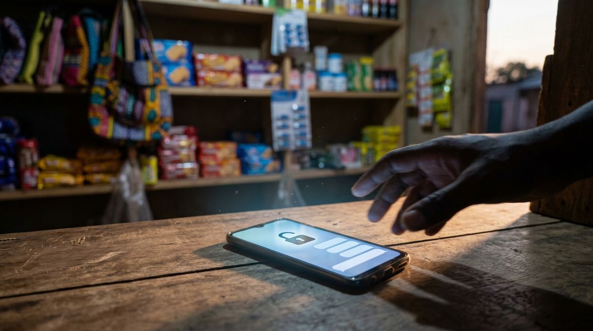 Hand reaching for a smartphone with a padlock on its screen, lying on a counter in a small shop with snacks on shelves